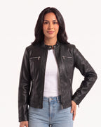 Black faux leather biker jacket with band collar, front zip, and zip pockets