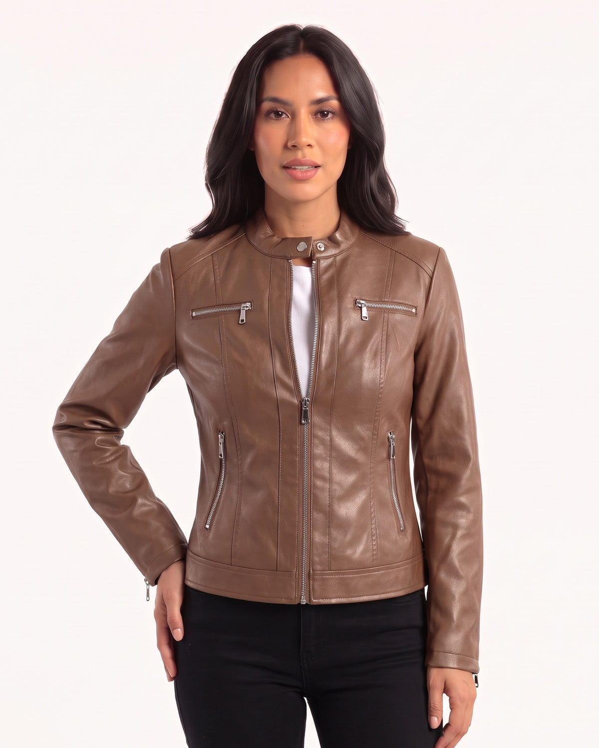 Brown faux leather biker jacket with front zip and four zip pockets