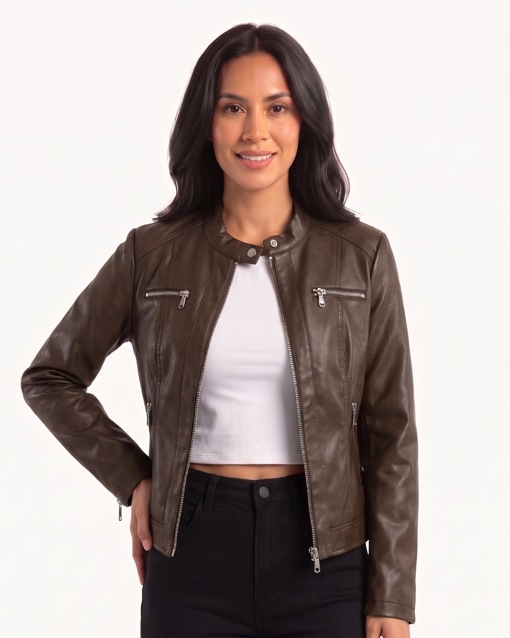 Dark brown faux leather biker jacket with band collar and zip pockets