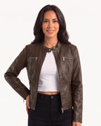 Dark brown faux leather biker jacket with band collar and zip pockets