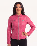 Hot pink faux leather biker jacket with band collar and zip pockets