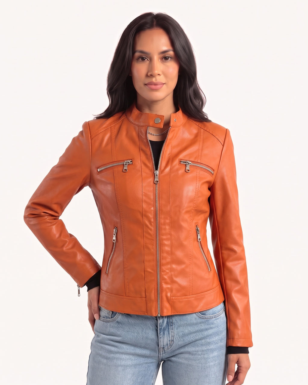 Orange faux leather biker jacket with front zip and zip pockets