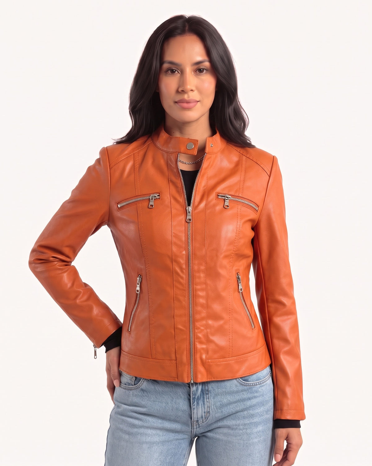 Orange faux leather biker jacket with front zip and zip pockets