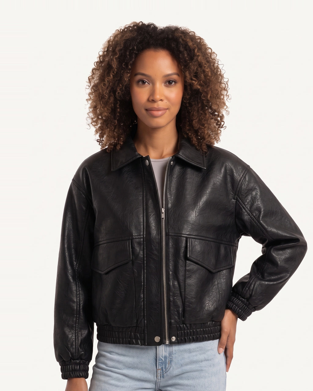 Black faux leather cropped bomber jacket with zip front and flap chest pockets