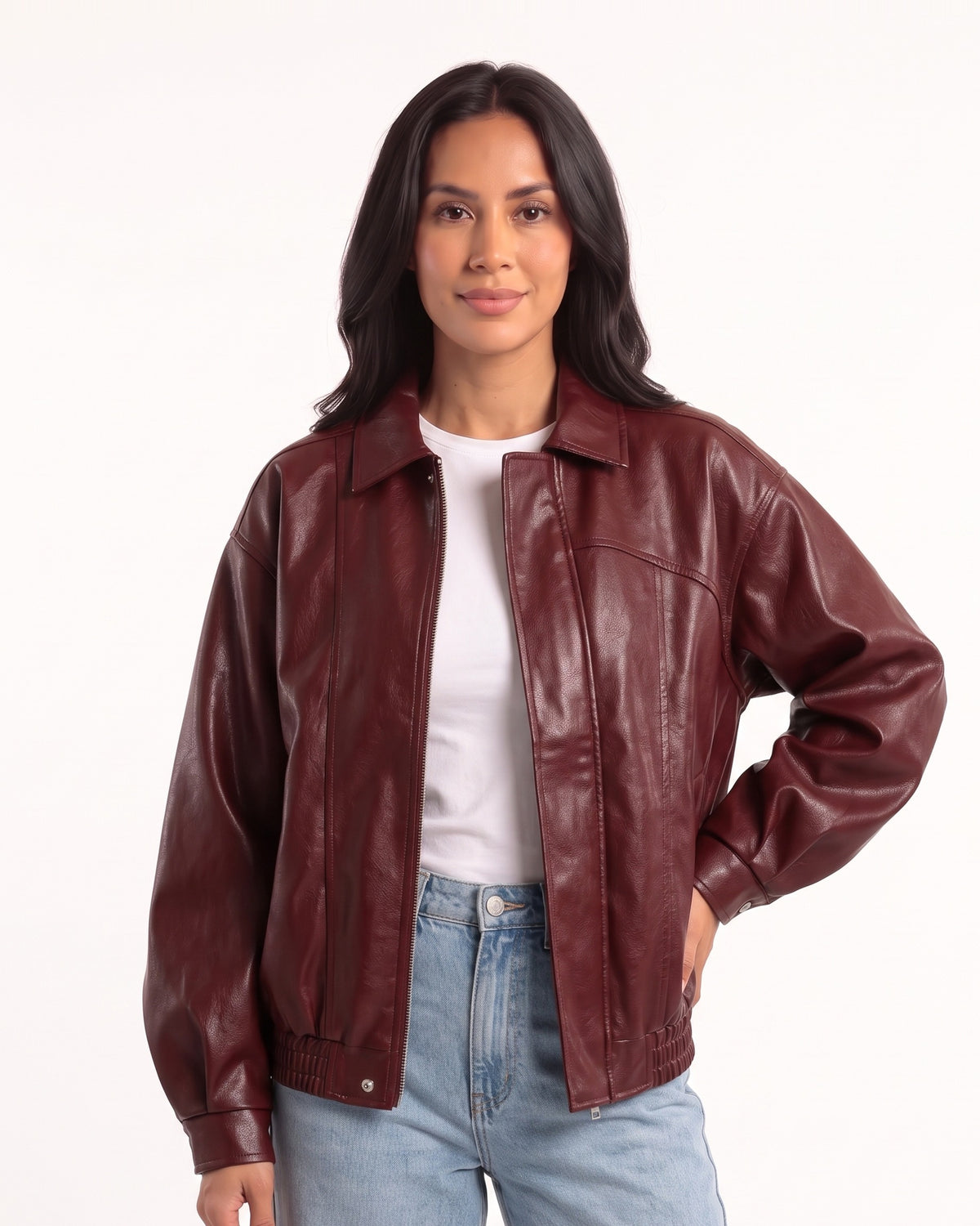 Burgundy faux leather bomber jacket with stand collar and ribbed elastic cuffs