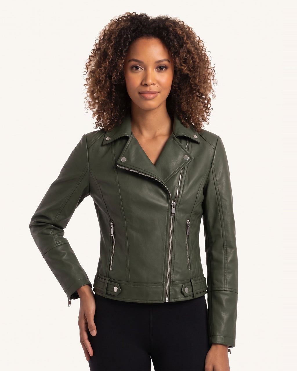 Army green moto jacket on model, asymmetrical zip front, snap collar, fitted hem.