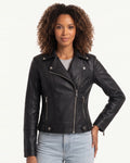 Black moto jacket on model, asymmetrical zip front, snap shoulder tabs, zip details.