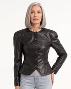 Black faux leather peplum blazer with button front, collarless neckline, structured shoulders