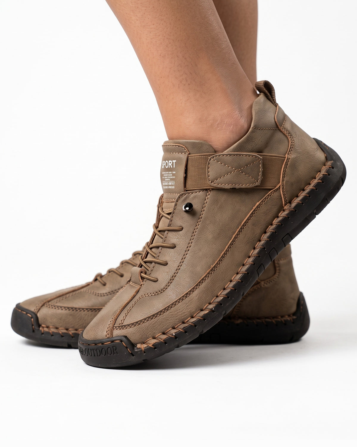 Khaki faux leather lace-up sneaker with ankle strap and contrast stitch detail