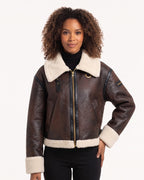 Dark brown faux leather cropped aviator jacket with sherpa shearling trim, zip front