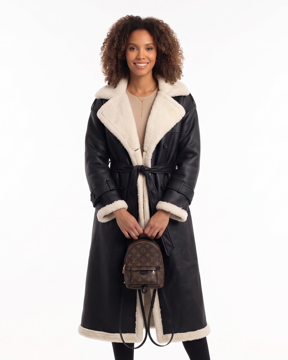 Long faux shearling aviator coat with belt, black faux leather and white sherpa trim