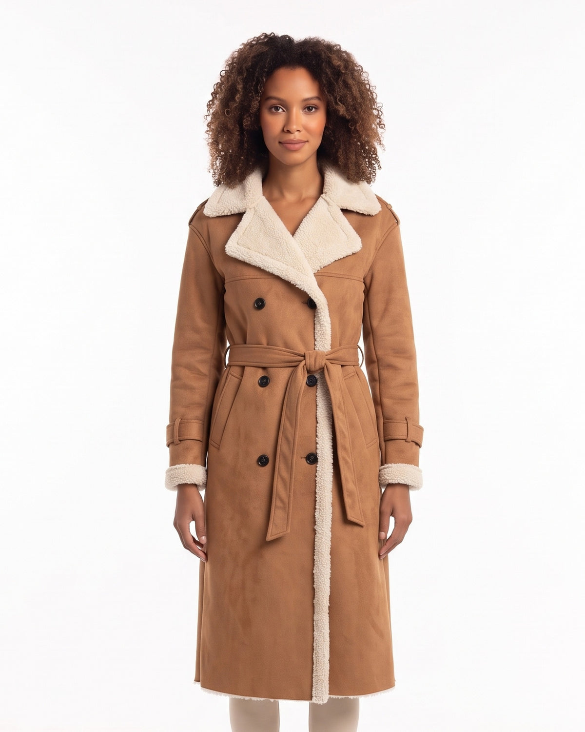 Long faux shearling aviator coat with belt, tan faux leather and white sherpa trim