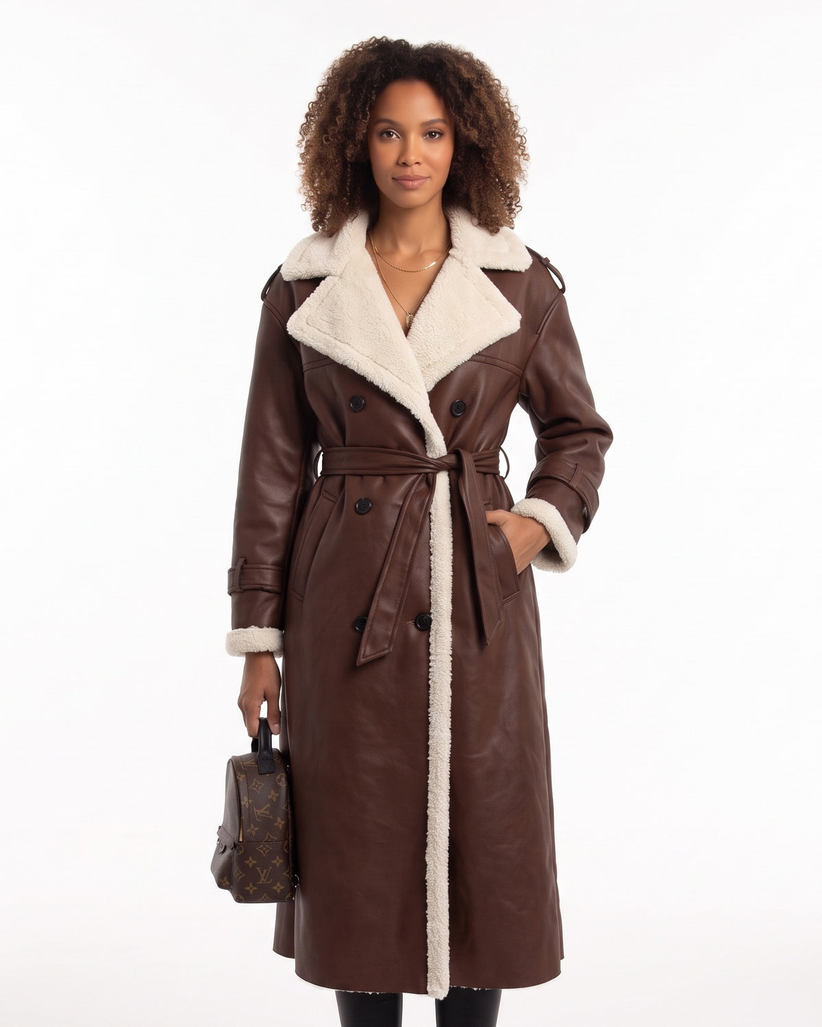 Long faux shearling aviator coat with belt, dark brown faux leather and white sherpa trim