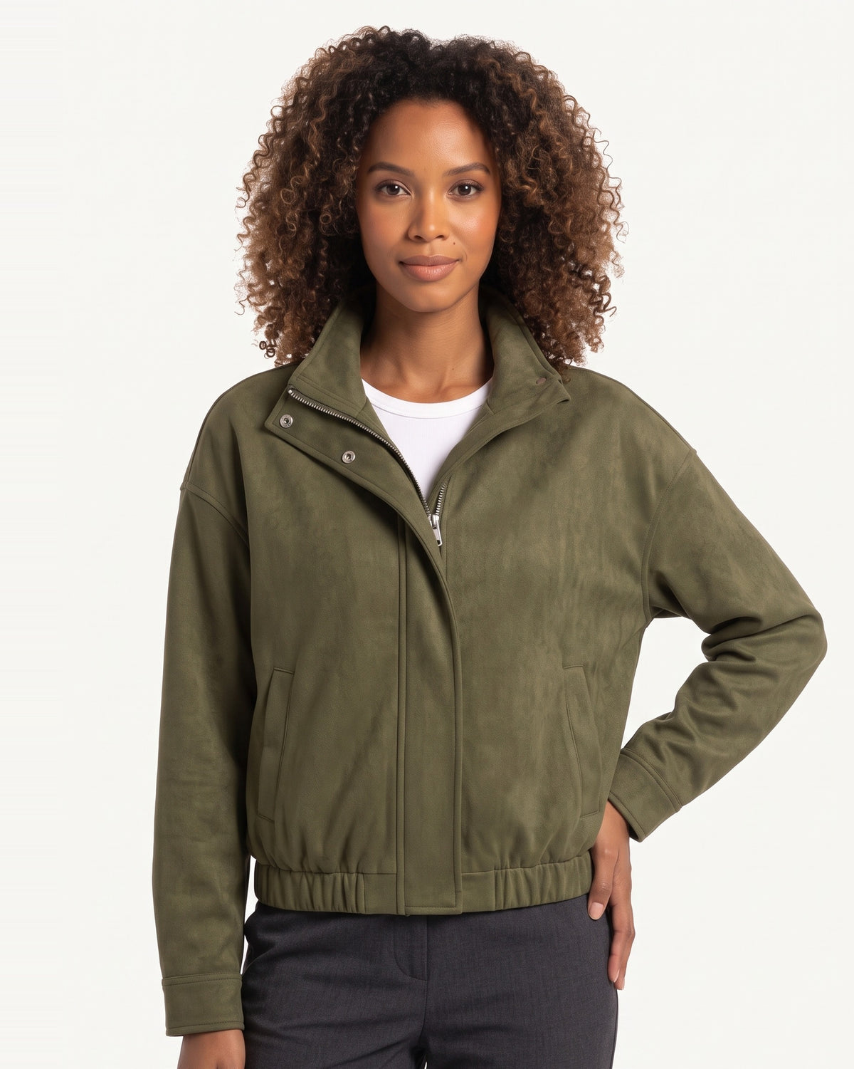 Women's faux suede cropped bomber jacket in army green, zip front, stand collar, pockets