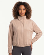 Women's faux suede cropped bomber jacket in beige, zip front, stand collar, pockets