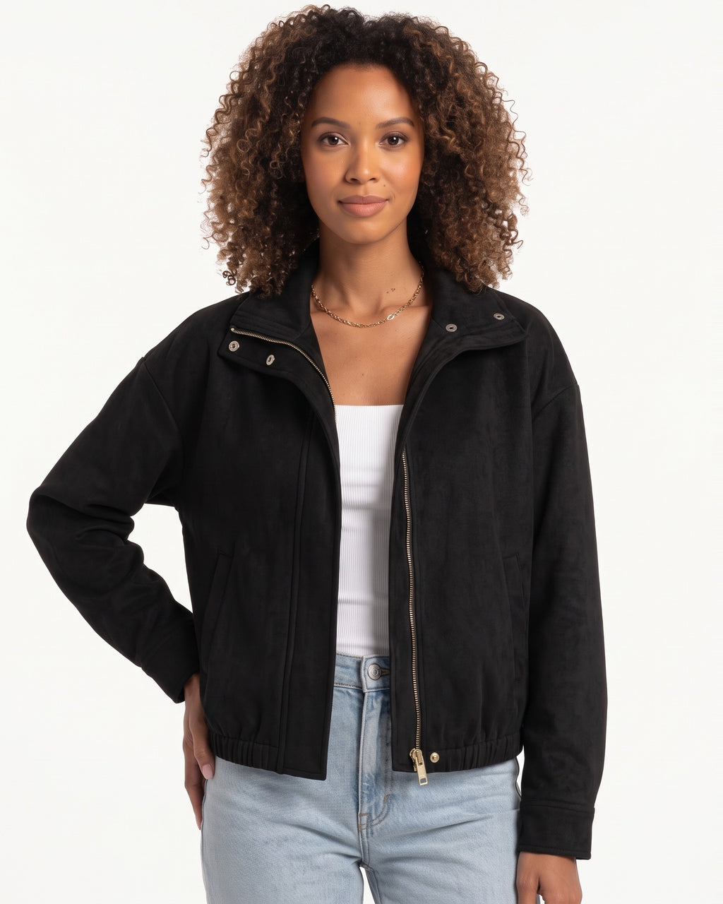 Women's faux suede cropped bomber jacket in black, zip front, stand collar, pockets