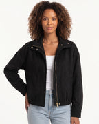 Women's faux suede cropped bomber jacket in black, zip front, stand collar, pockets