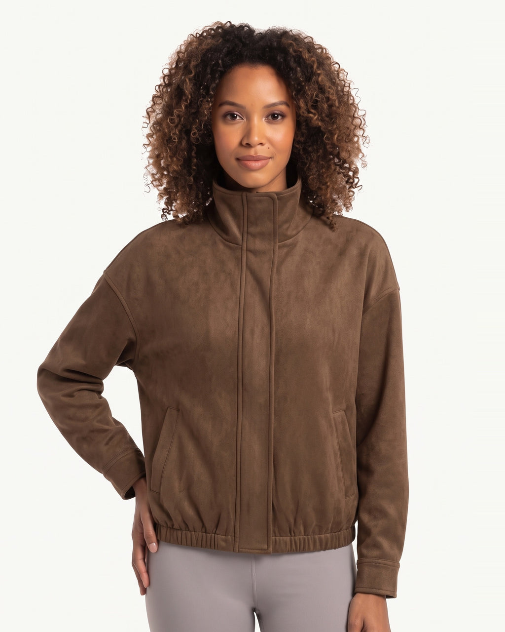 Women's faux suede cropped bomber jacket in brown, zip front, stand collar, pockets