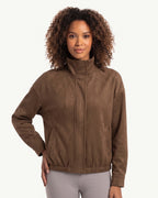Women's faux suede cropped bomber jacket in brown, zip front, stand collar, pockets