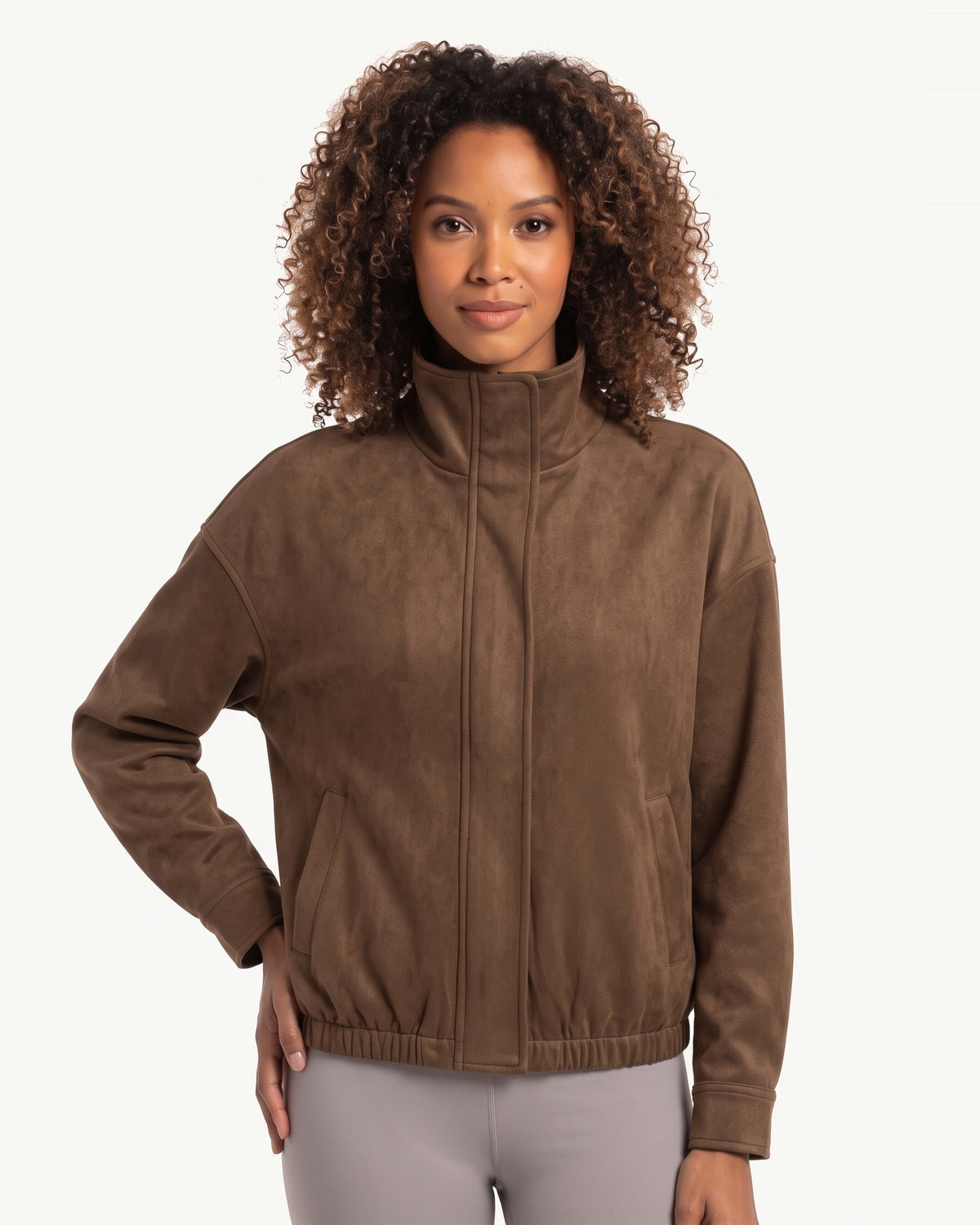 Women's faux suede cropped bomber jacket in brown, zip front, stand collar, pockets