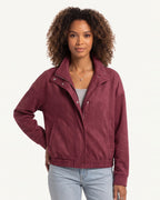 Women's faux suede cropped bomber jacket in burgundy, zip front, stand collar, pockets
