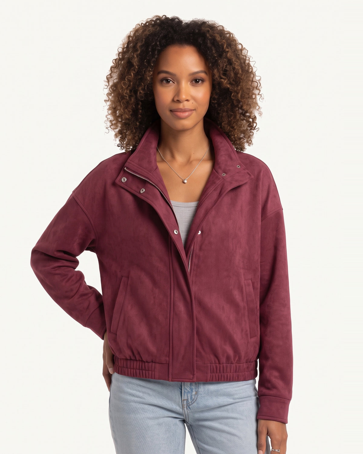 Women's faux suede cropped bomber jacket in burgundy, zip front, stand collar, pockets