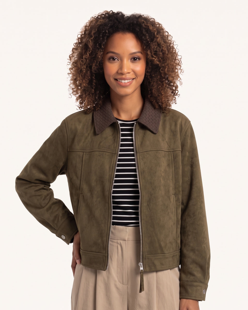 Army green faux suede cropped zip-up jacket with woven collar and snap cuffs