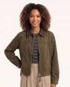 Army green faux suede cropped zip-up jacket with woven collar and snap cuffs