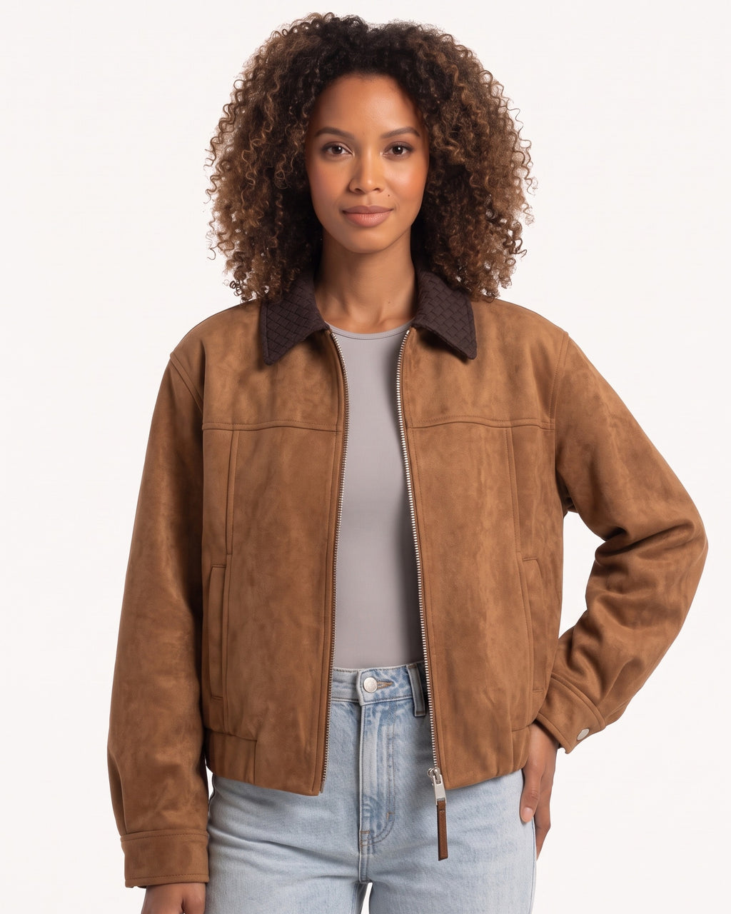 Brown faux suede cropped zip-up jacket with woven collar and snap cuffs