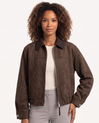 Dark brown faux suede cropped zip-up jacket with woven collar and snap cuffs