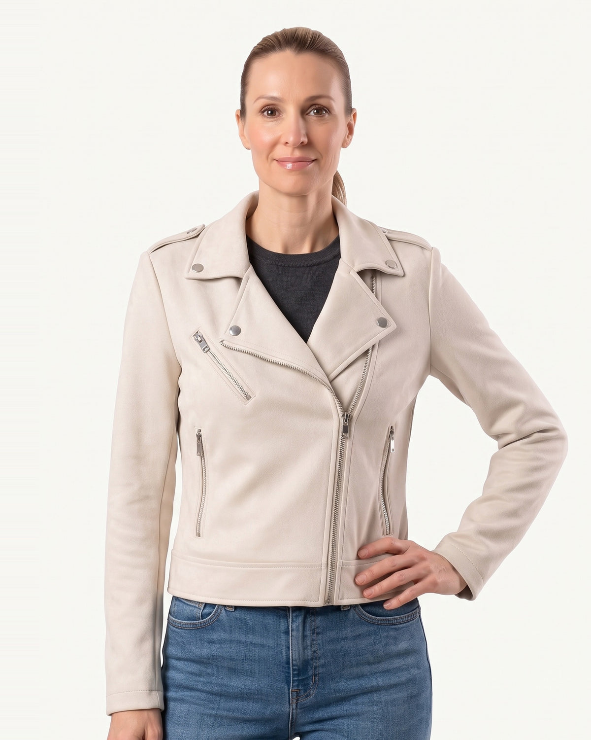 Women's cream faux suede cropped moto jacket with zip front and zip pockets