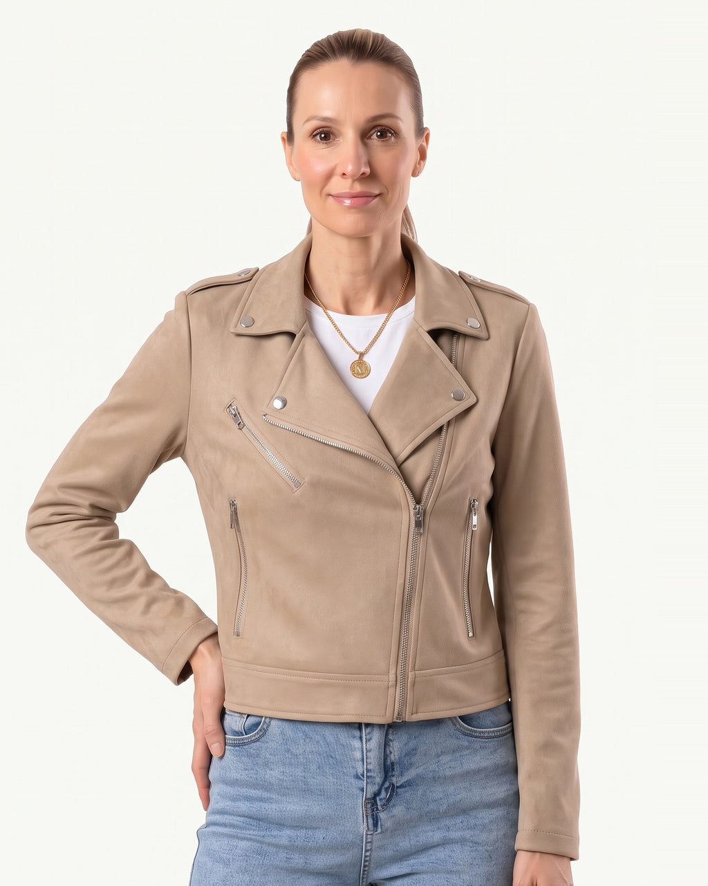 Women’s khaki faux suede moto jacket with zip front, snap shoulders, and side zips