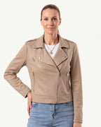 Women’s khaki faux suede moto jacket with zip front, snap shoulders, and side zips