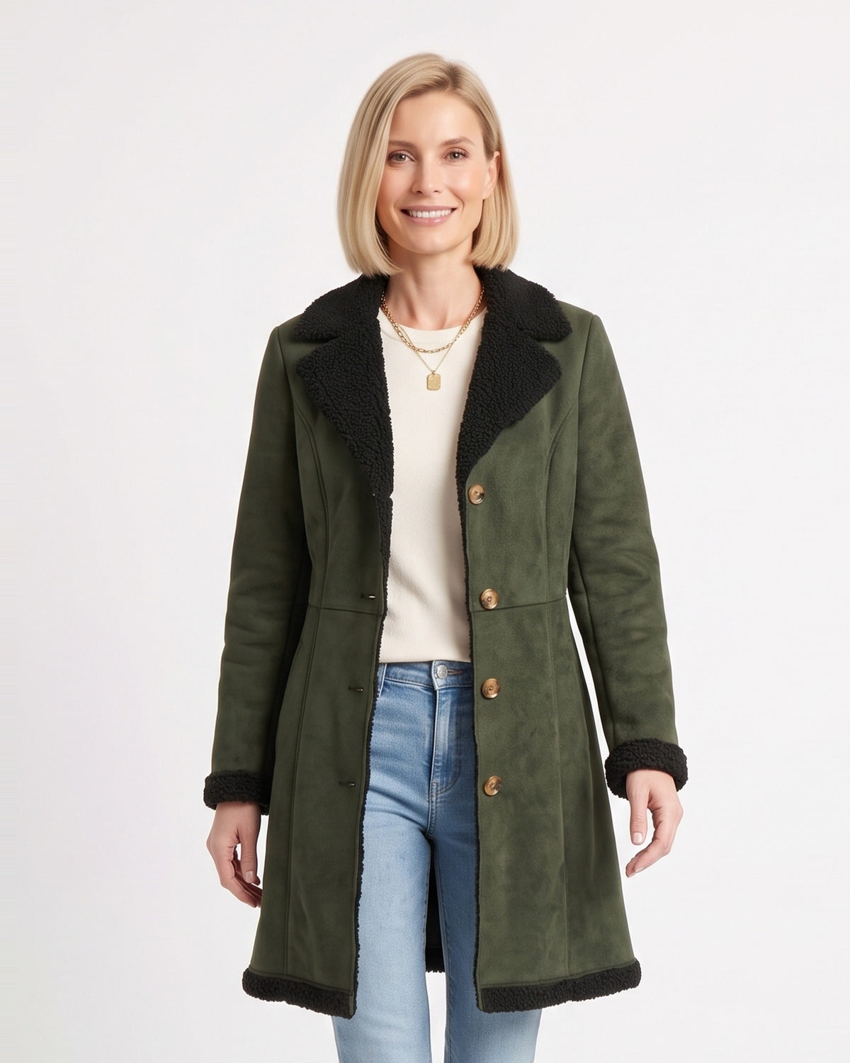 Women's faux suede shearling coat, dark green with Sherpa collar and snap front