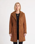 Women's faux suede shearling coat, caramel brown with Sherpa collar and button placket