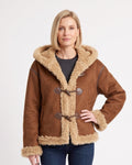 Women's dark brown faux suede shearling jacket with sherpa trim and toggle duffle closure