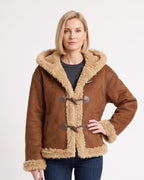 Women's dark brown faux suede shearling jacket with sherpa trim and toggle duffle closure