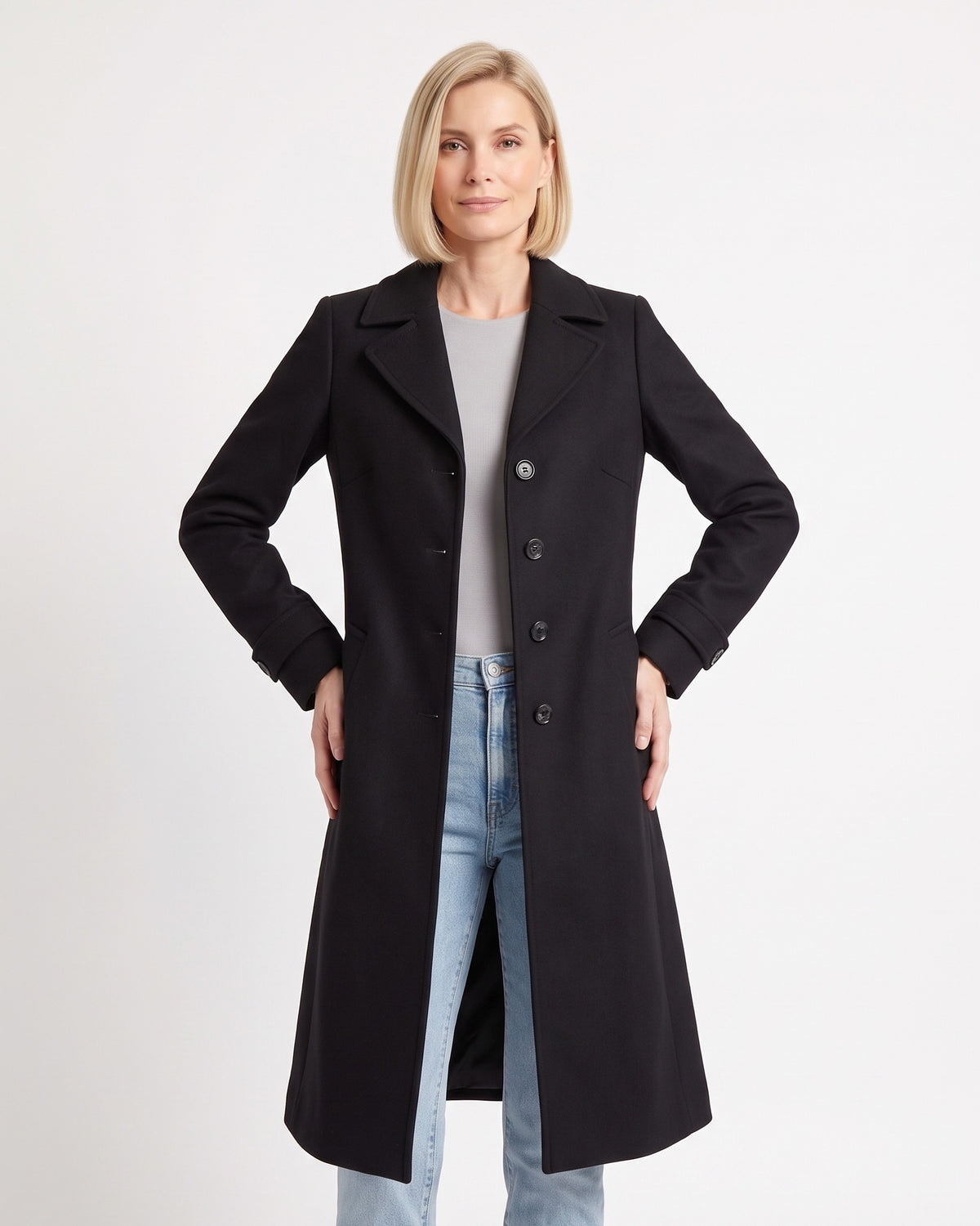Black faux suede trench coat for women, notch lapel, button front, belted waist