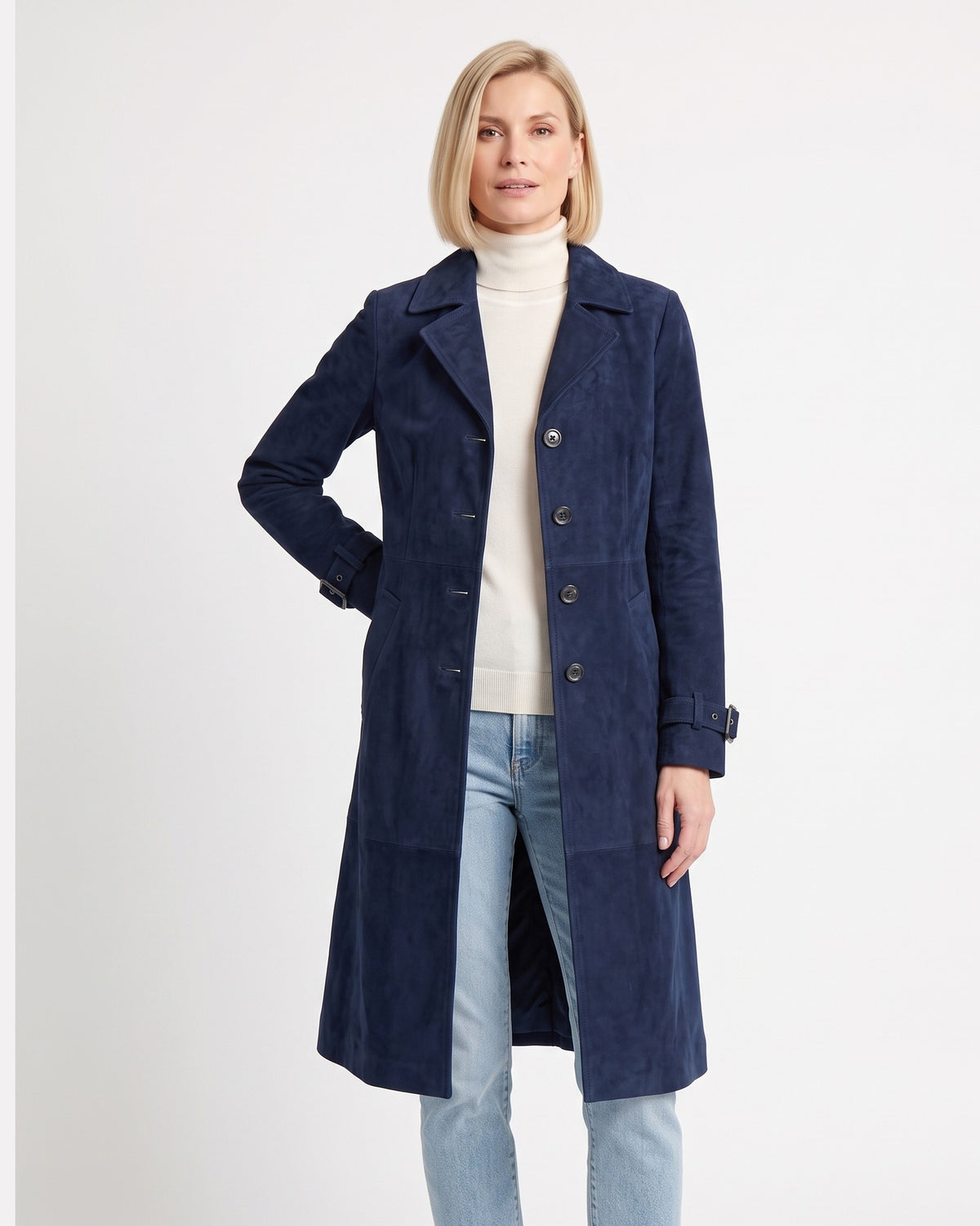 Dark blue faux suede trench coat for women, notch lapel, button front, cinched waist