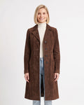Brown faux suede trench coat for women, notch lapel, button front, cinched waist