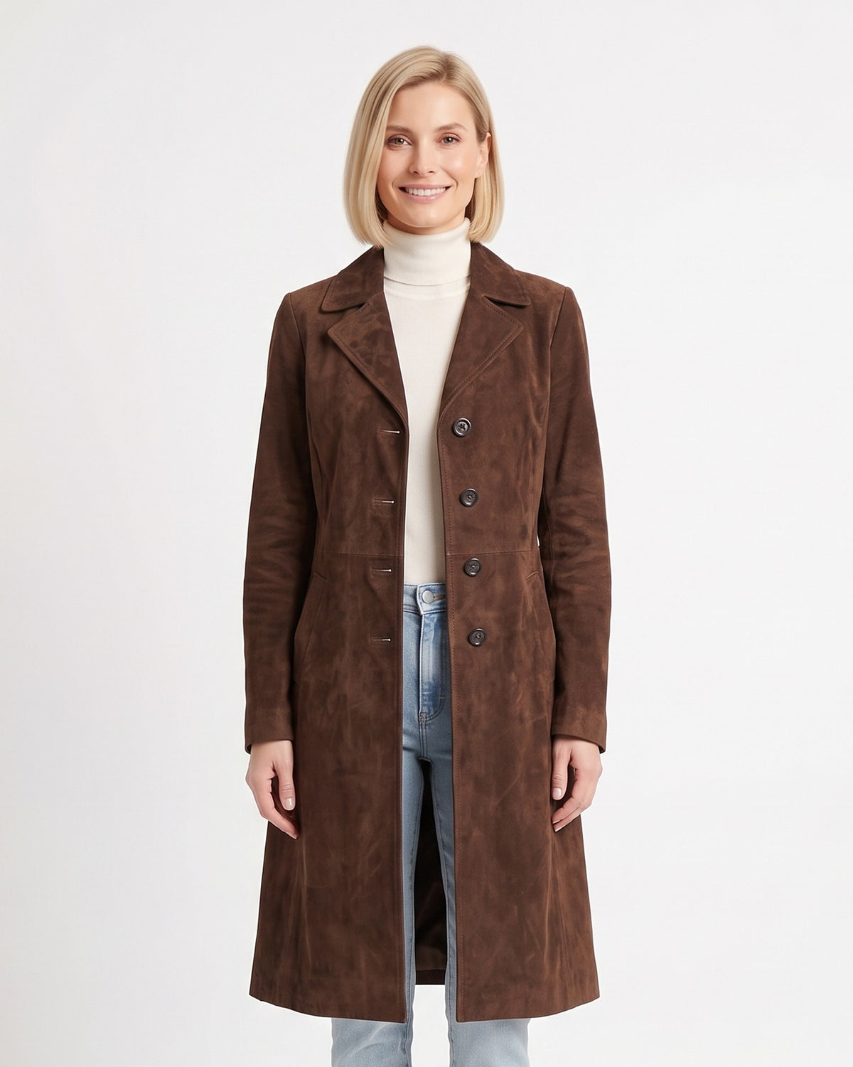 Brown faux suede trench coat for women, notch lapel, button front, cinched waist