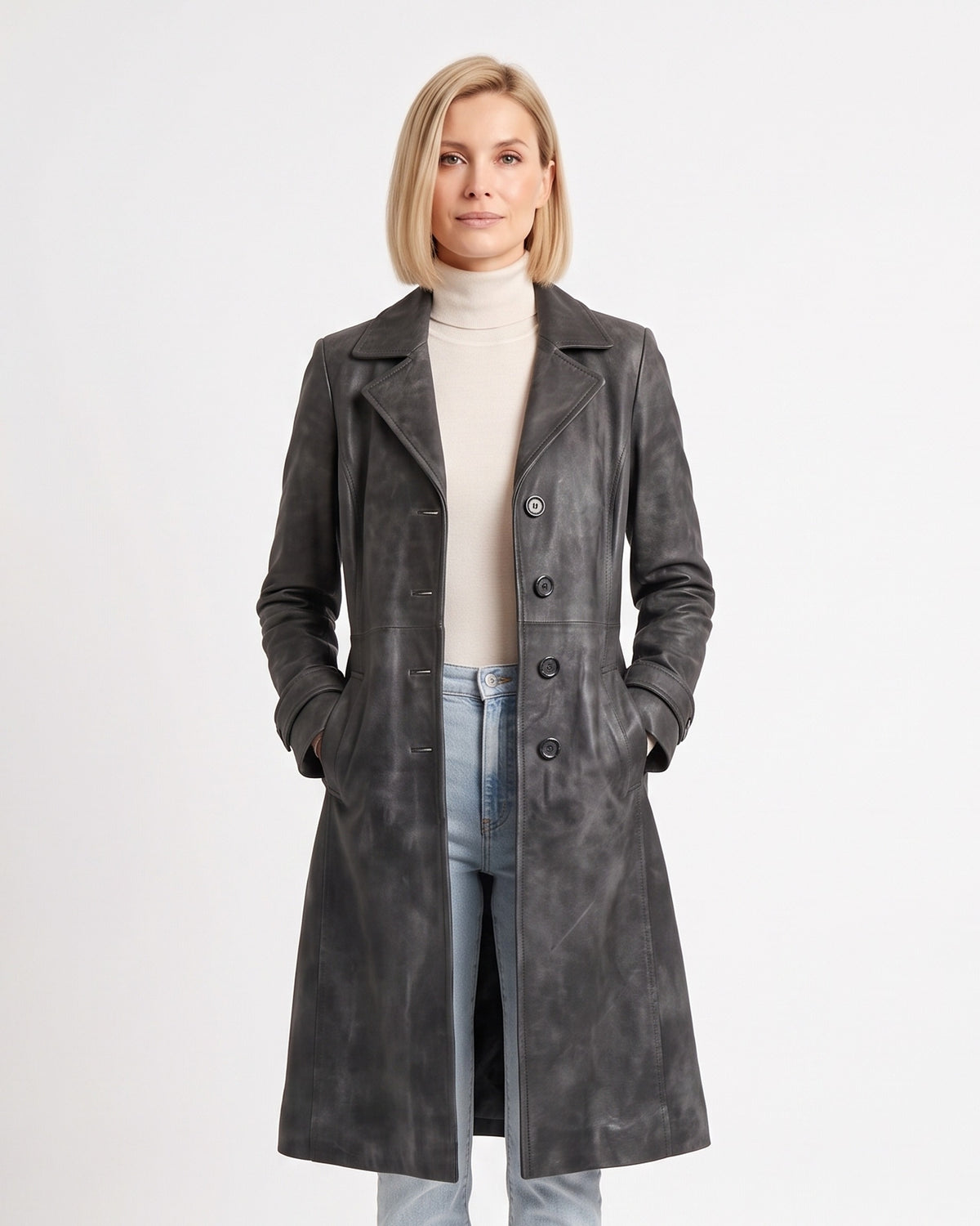 Dark gray faux suede trench coat for women, notch lapel, button front, belted waist