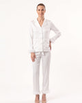 Feather Trim Pajama Set for Women — Satin Long Sleeve Button Up Top and Pants