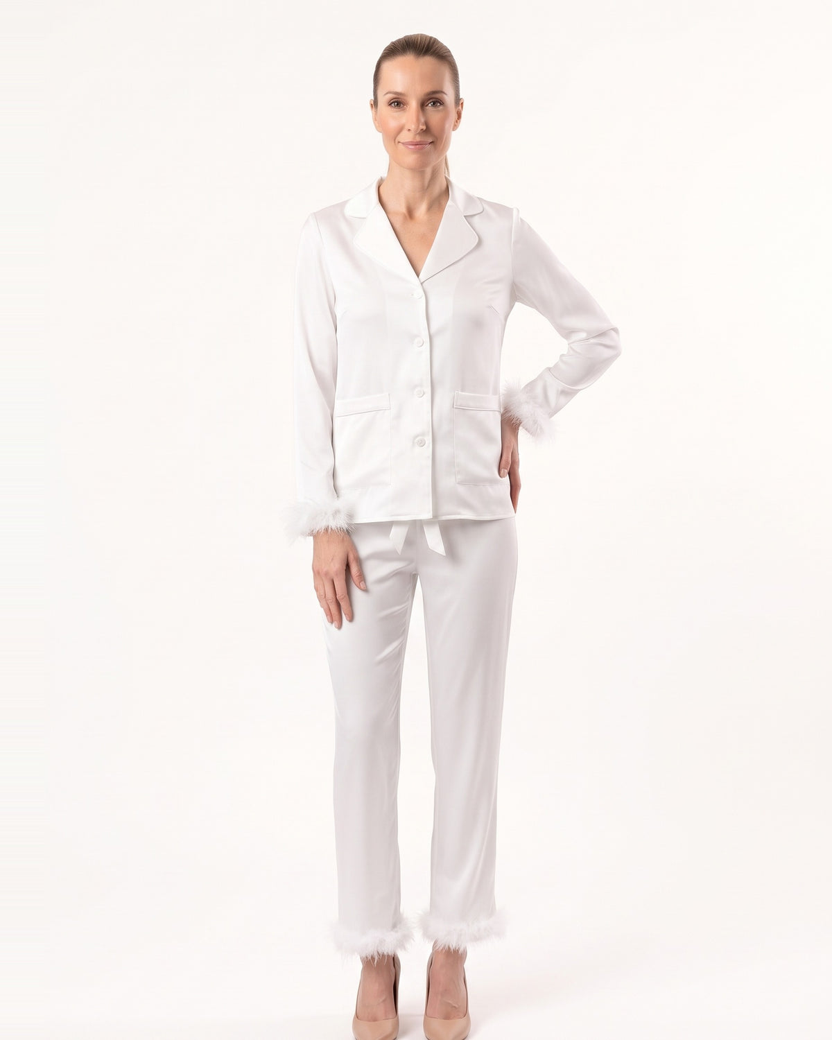 Feather Trim Pajama Set for Women — Satin Long Sleeve Button Up Top and Pants