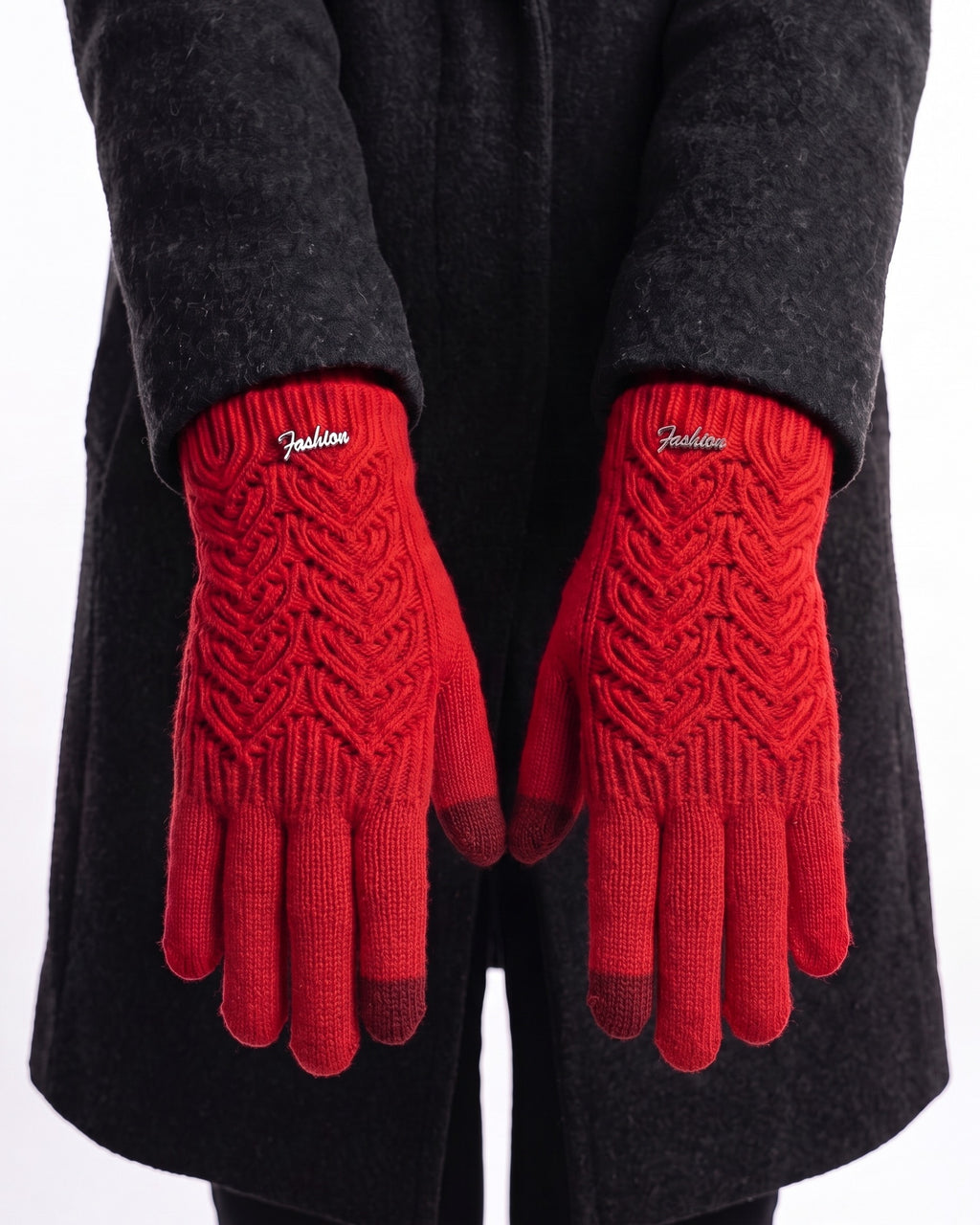 Red pointelle knit fingerless gloves with touchscreen fingertips and ribbed cuffs