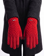 Red pointelle knit fingerless gloves with touchscreen fingertips and ribbed cuffs