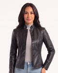 Black faux leather cropped jacket, stand collar, button front, seamed waist