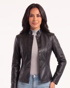 Black faux leather cropped jacket, stand collar, button front, seamed waist