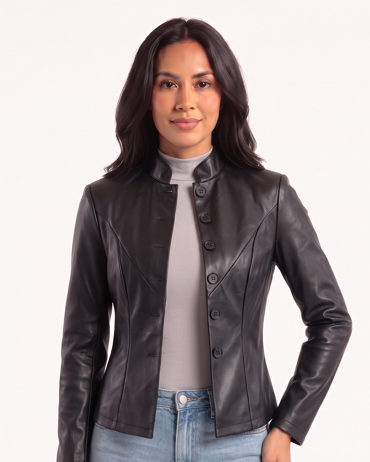 Black faux leather cropped jacket, stand collar, button front, seamed waist
