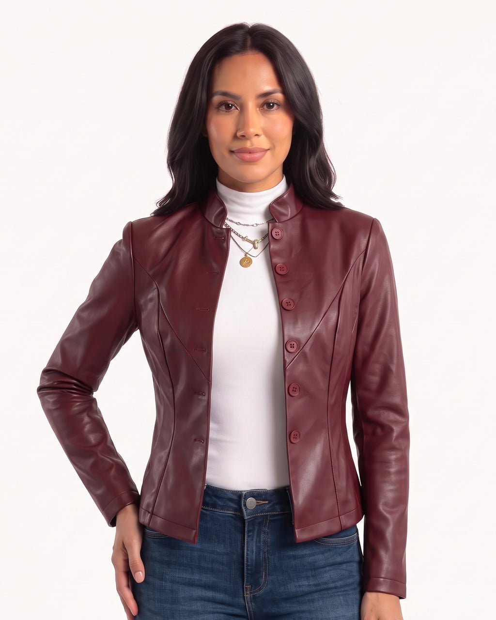 Burgundy faux leather cropped jacket, stand collar, button front, seamed waist